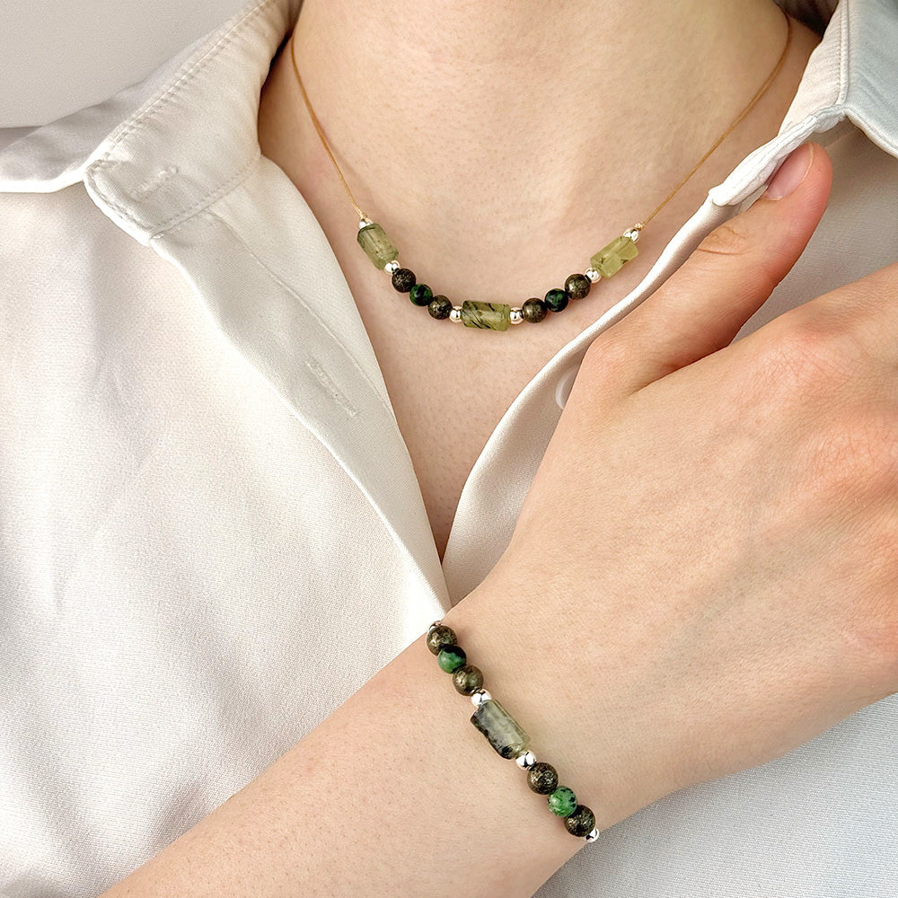 Prehnite, Epidote & Pyrite Bracelet and Necklace Set