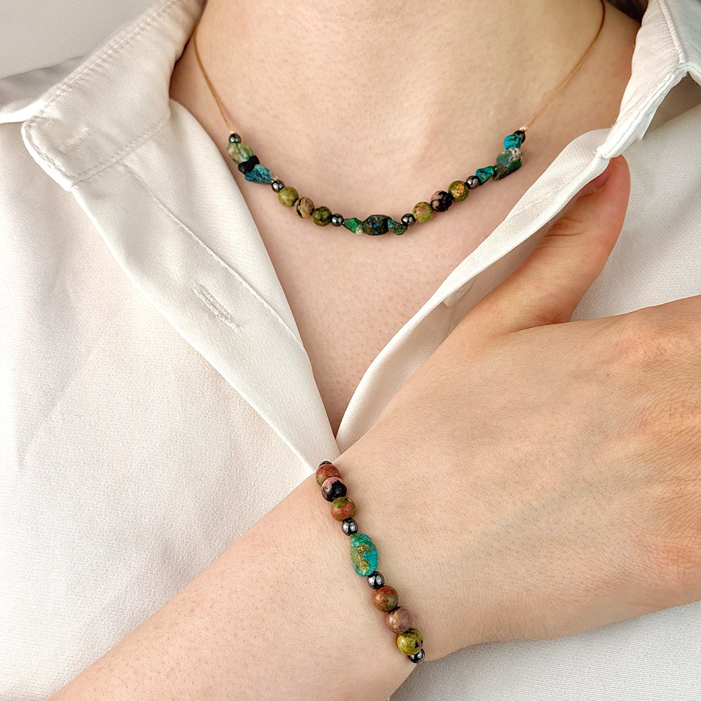 Rhodonite, Unakite & Turquoise Bracelet and Necklace Set